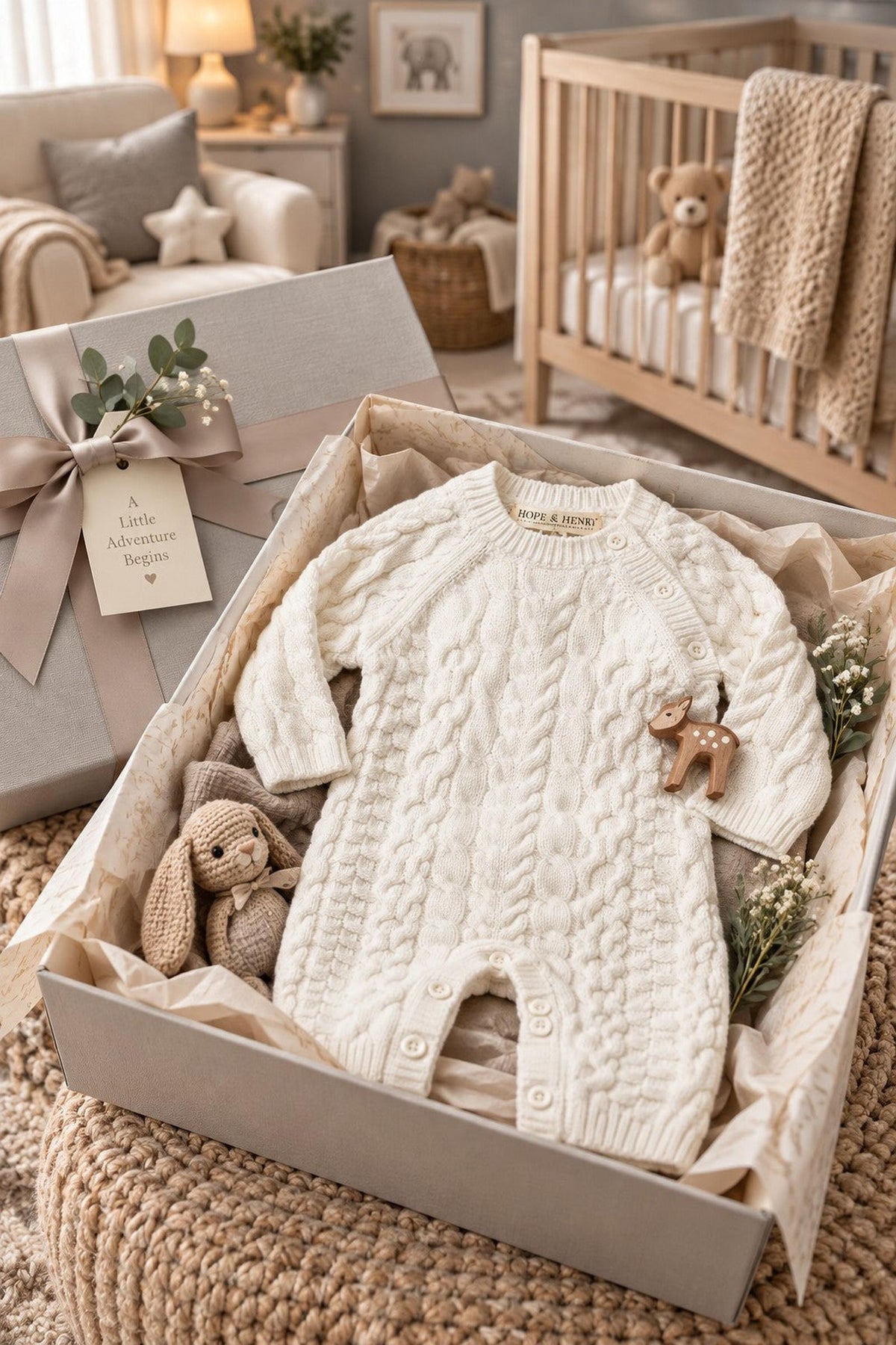 A soft white cable knit romper made from 100% organic cotton is neatly displayed in a gift box.