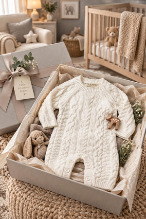 A soft white cable knit romper made from 100% organic cotton is neatly displayed in a gift box.