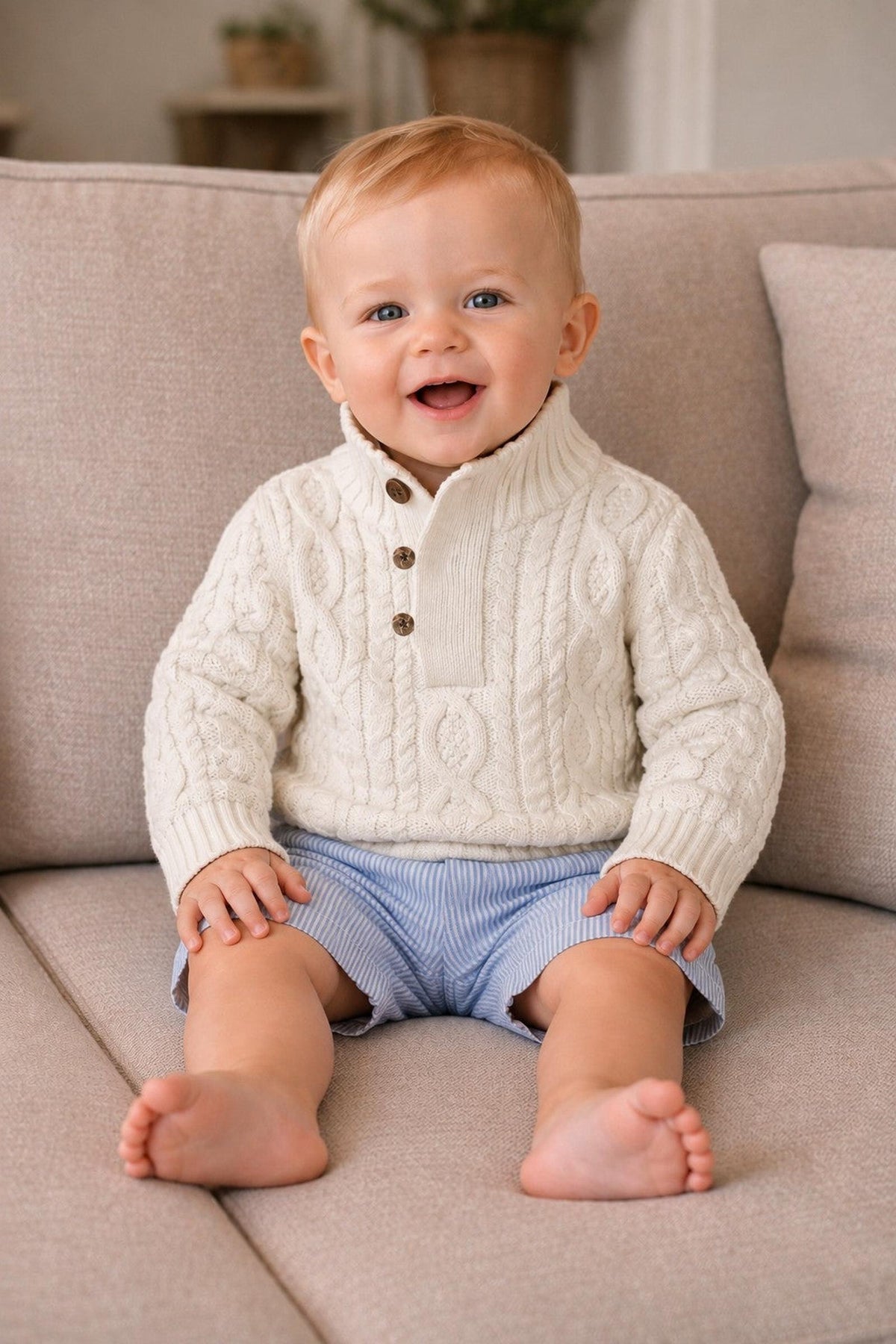 A smiling toddler sits on a beige couch, wearing a cream-colored cable-knit sweater and blue seersucker shorts. The cozy setting enhances the playful yet stylish look of the outfit.