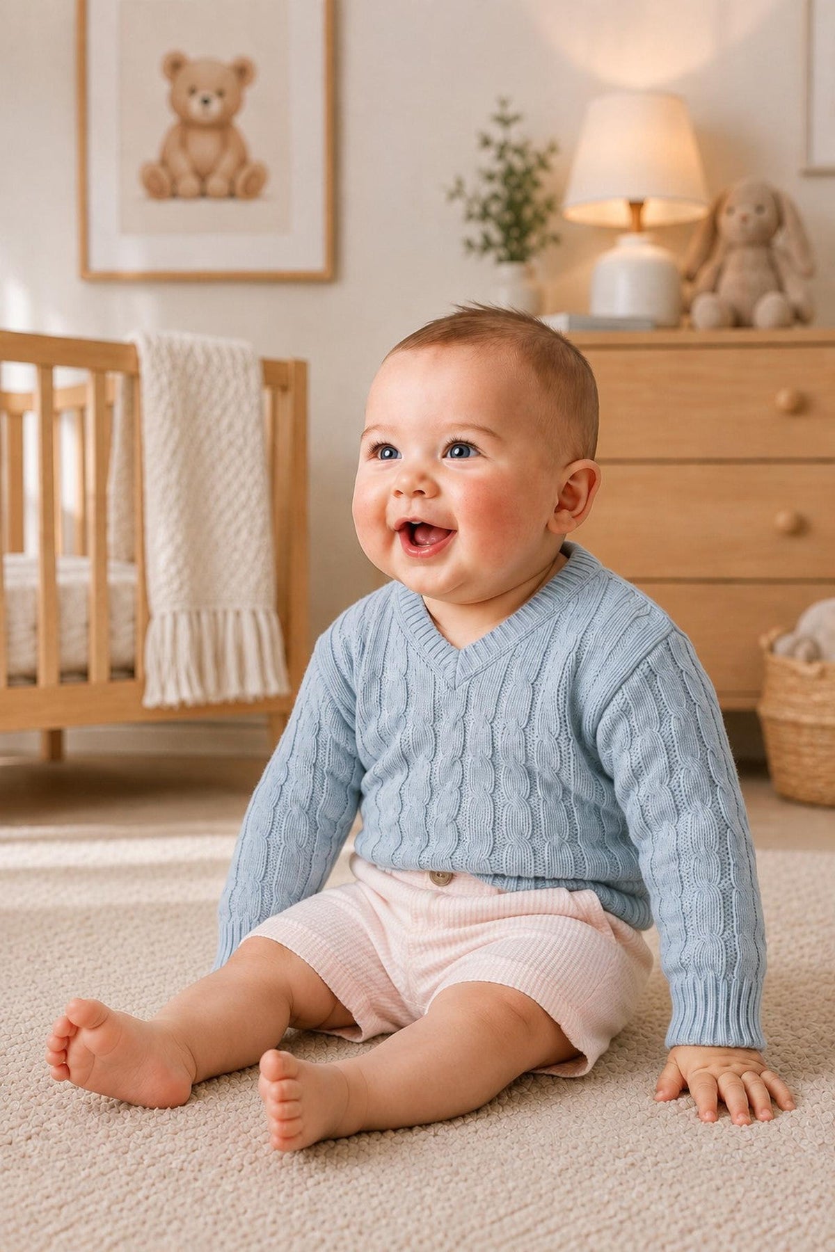 A happy baby with a big smile sits on a soft rug, wearing a light blue cable-knit sweater and light pink seersucker shorts in a cozy nursery setting.