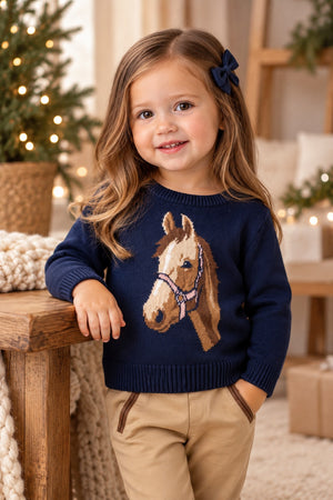 Organic Cotton Horse Intarsia Pullover Baby Sweater, Navy