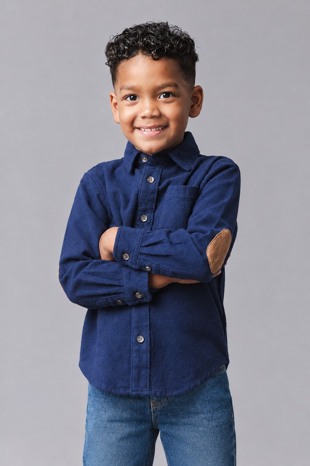 Organic Cotton Flannel Shirt with Elbow Patches, Navy, Size 2T-18