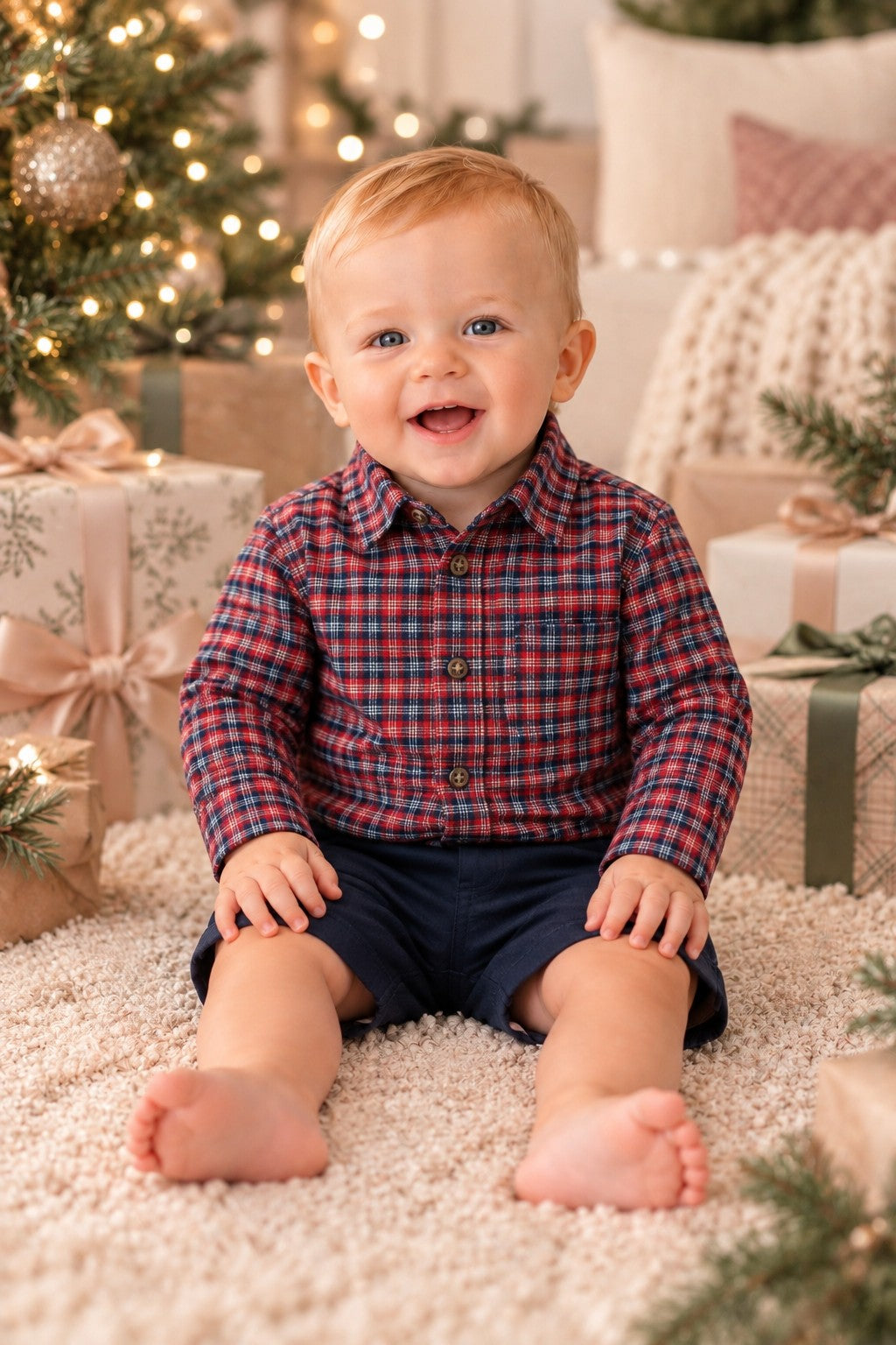 Organic Cotton Brushed Flannel Button Down Baby Shirt, Navy Plaid