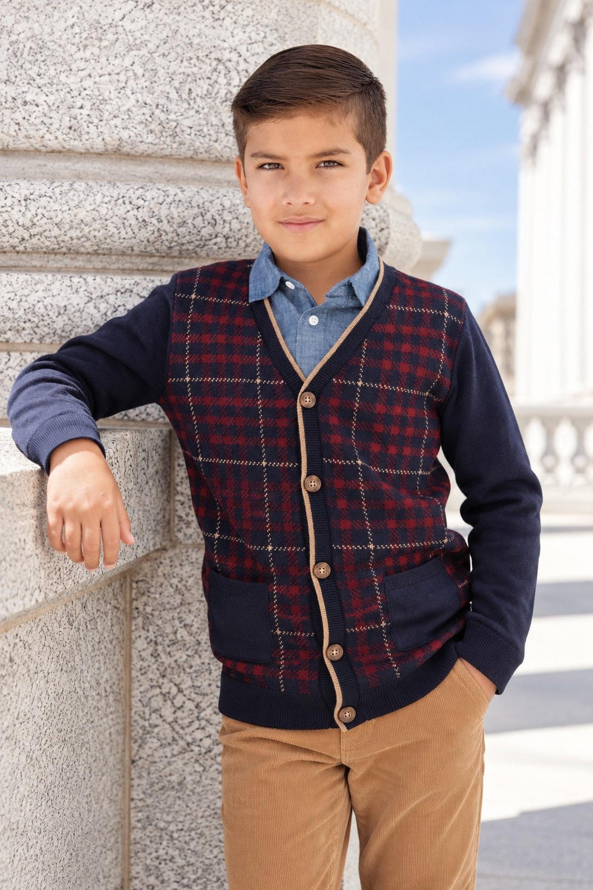 Organic Cotton Tipped Cardigan, Navy Plaid, Sizes 2T-18