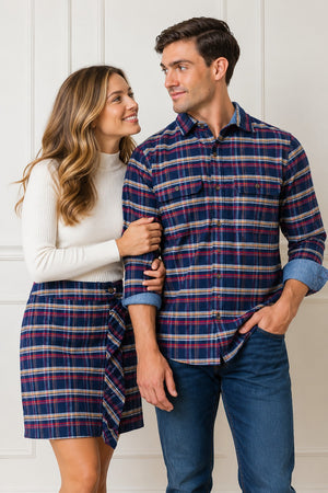 Organic Cotton Flannel Ruffle Skirt, Navy Plaid, Women, Family Matching