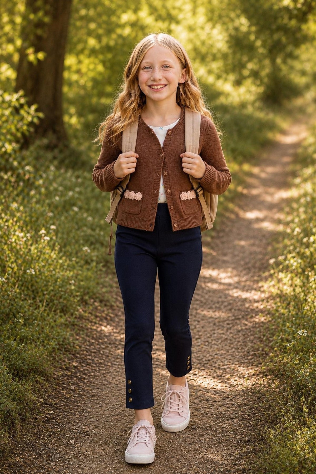 A smiling girl walks along a dirt path, wearing a brown cardigan, white shirt, and navy ponte pants with button cuffs. She carries a backpack and wears light pink sneakers.
