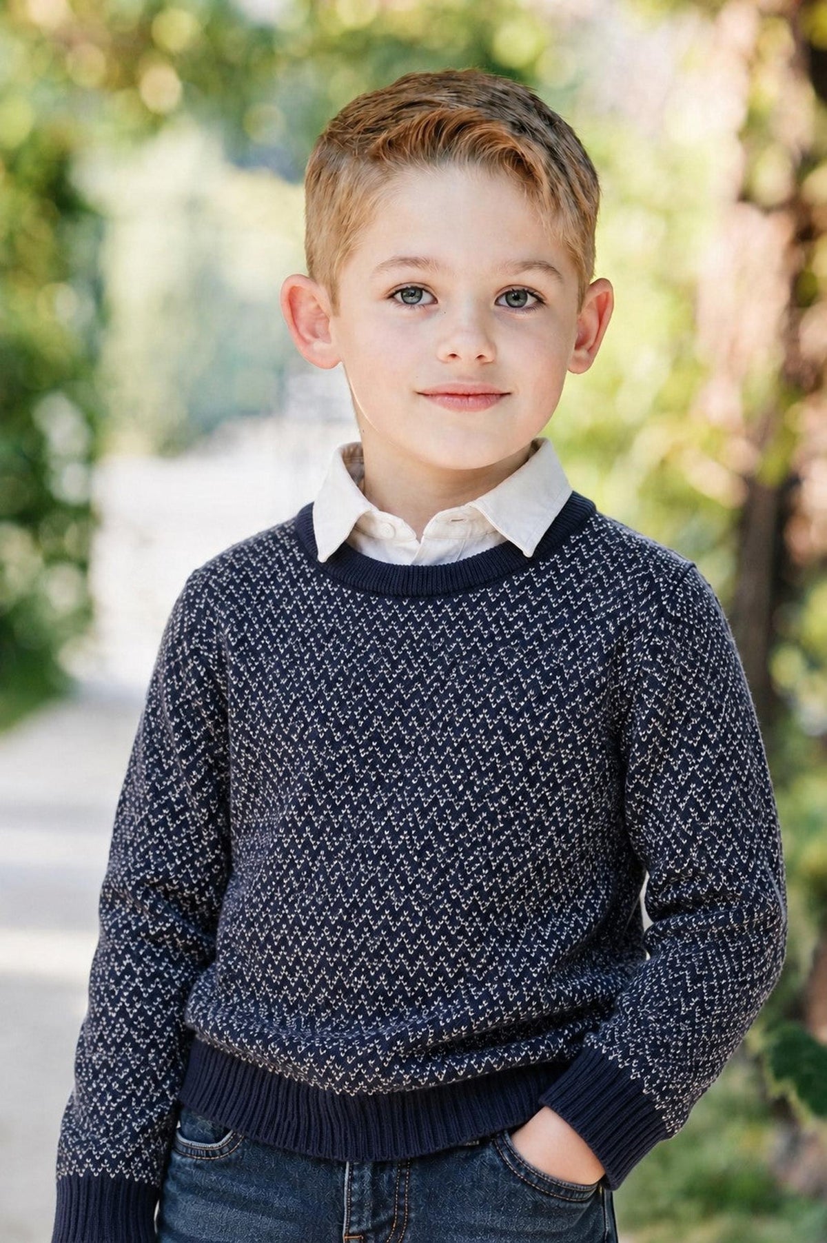 A young boy poses outdoors wearing a navy crew neck pullover sweater with a herringbone birdseye knit pattern. The sweater is made from soft organic cotton, ideal for casual occasions.