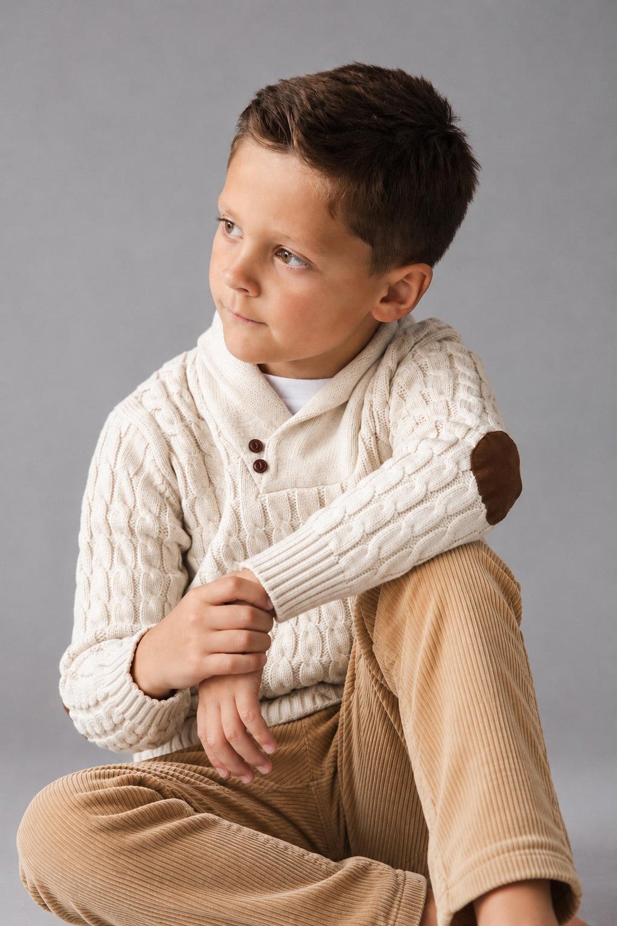 A young boy sits thoughtfully in a light oatmeal organic cotton shawl collar cable sweater, featuring brown elbow patches and button closures, paired with corduroy pants against a neutral background.