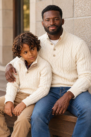 Organic Cotton Mock Neck Cable Sweater, Ivory, Men, Family Matching