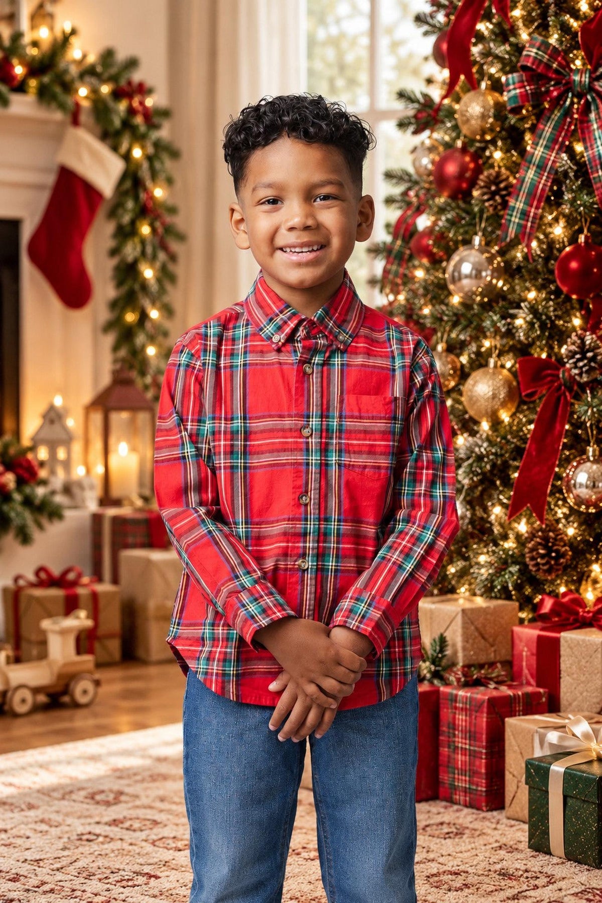 Organic Cotton Stretch Poplin Shirt, Red Holiday Tartan, Sizes 2T-18, Family Matching