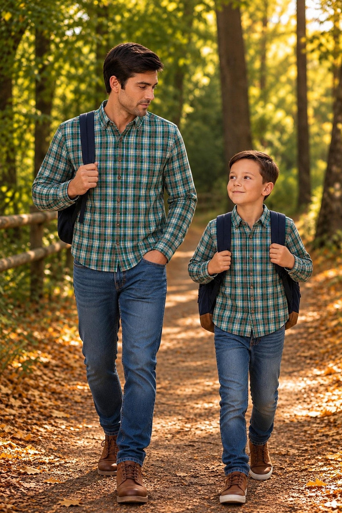 Organic Cotton Stretch Poplin Shirt, Green Classic Plaid, Men, Family Matching