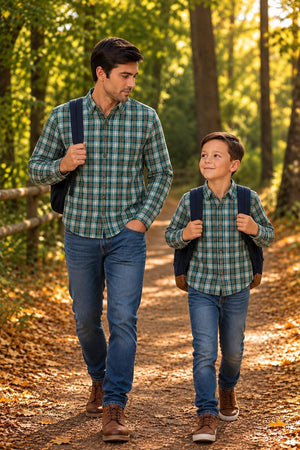 Organic Cotton Stretch Poplin Shirt, Green Classic Plaid, Men, Family Matching