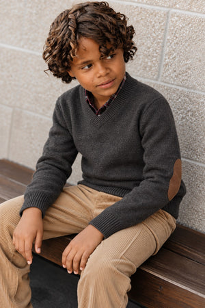 Organic Cotton Fine Gauge V-Neck Sweater with Elbow Patches, Boys, Charcoal, Sizes 2T-18