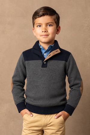 Organic Cotton Contrast Sweater with Elbow Patches, Boys, Charcoal, Sizes 2T-18