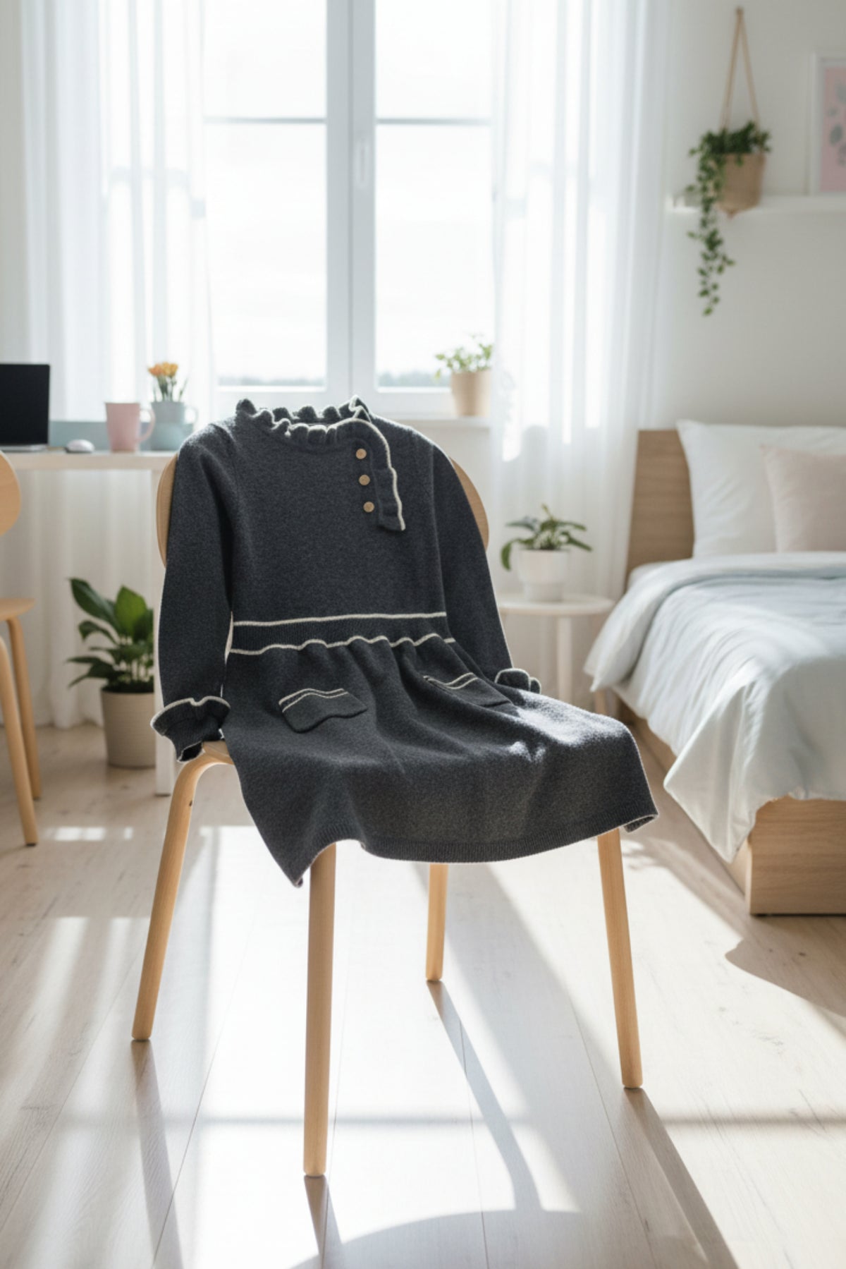 A charcoal gray sweater dress with ruffle trim sits on a wooden chair, featuring gold buttons and front patch pockets.