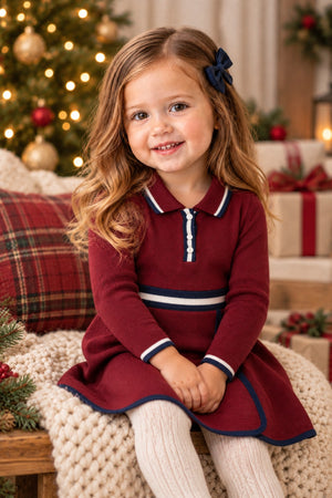 Organic Cotton Henley Sweater Baby Dress, Oxblood with Tipping