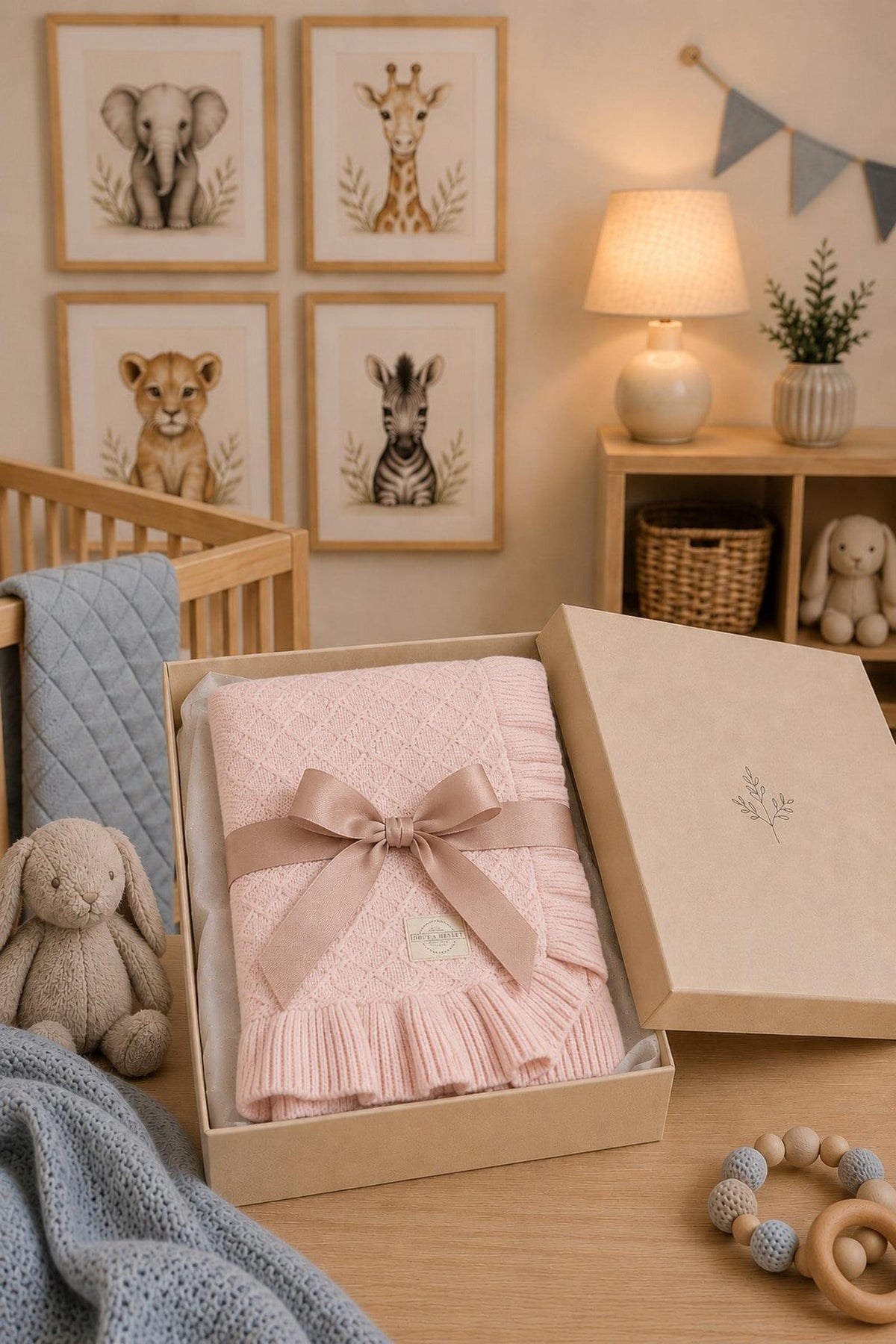 A pale pink organic cotton baby blanket with a ruffle edge is elegantly presented in a gift box.
