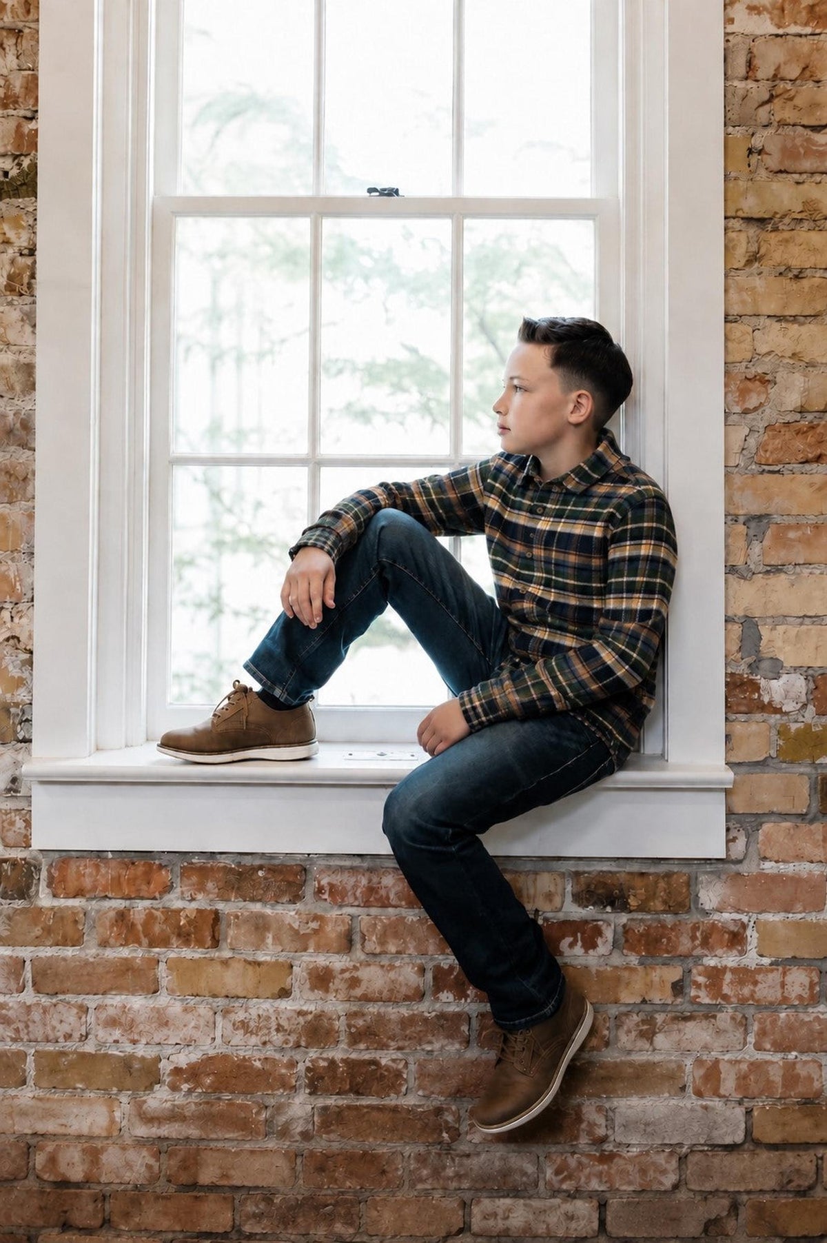 A boy sits on a windowsill, wearing a navy plaid organic cotton flannel shirt paired with dark jeans and brown shoes, against a backdrop of rustic brick walls.