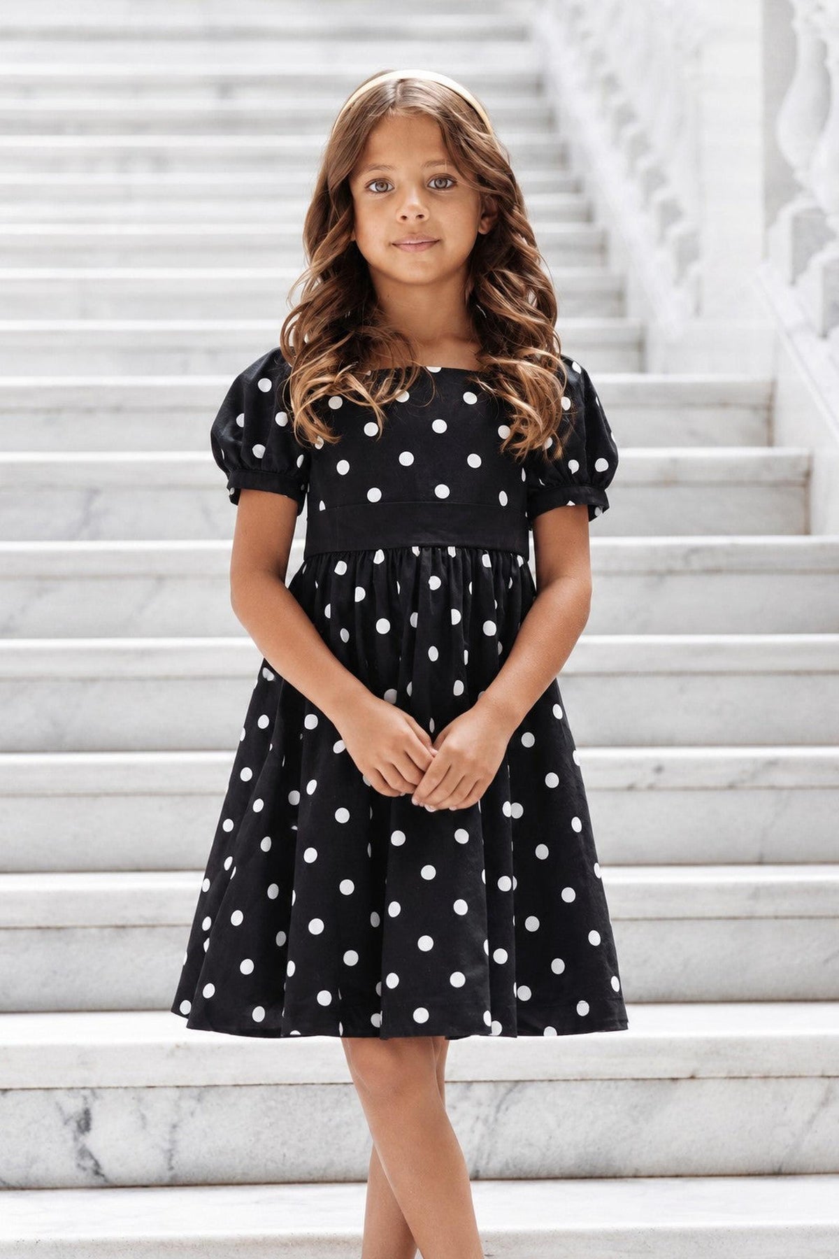 Organic Cotton Puff Sleeve Party Dress, Black Polka Dot, Toddler & Kids