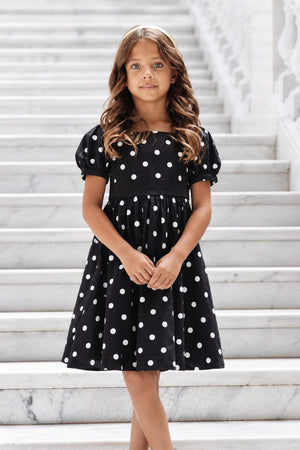 Organic Cotton Puff Sleeve Party Dress, Black Polka Dot, Toddler & Kids