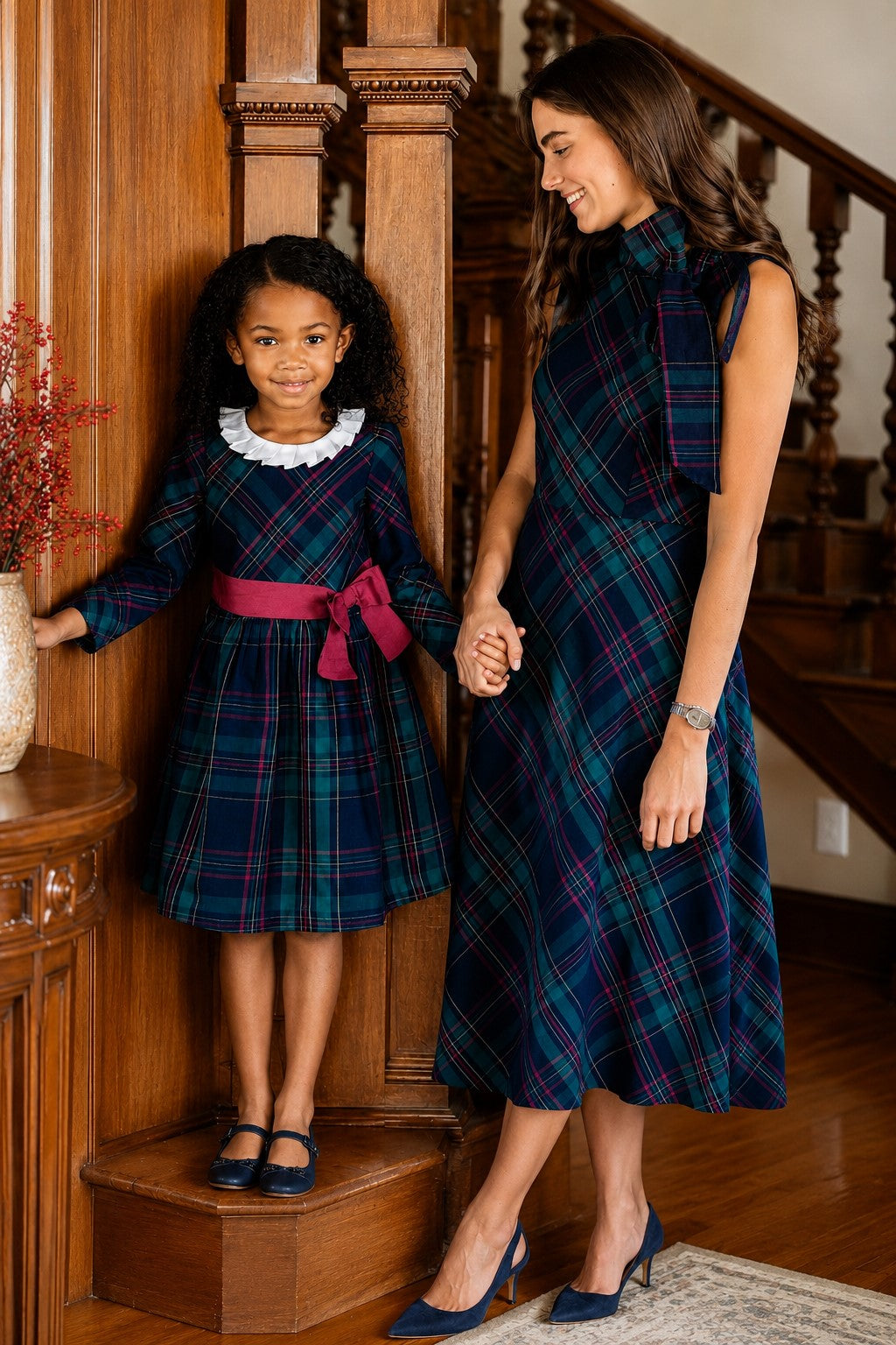 A woman and a girl stand together, both wearing elegant Scottish plaid dresses. The womans dress features a bow neckline.