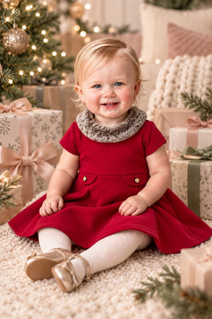Organic Cotton Fit and Flare Ponte Baby Dress with Faux Fur, Red