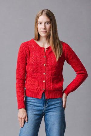 Organic Cotton Pointelle Cardigan, Red, Women, Family Matching