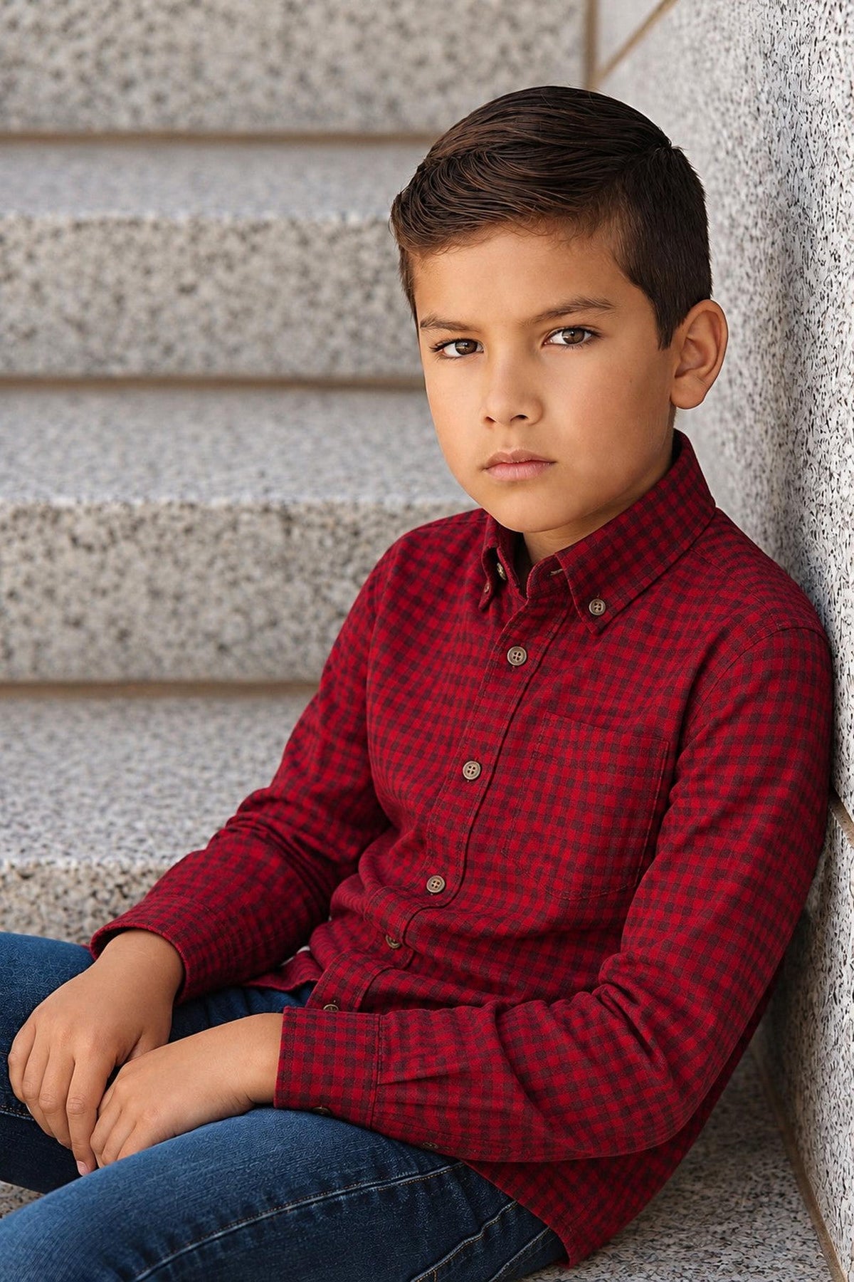 A young boy sits on stone steps, wearing a red gingham organic cotton shirt with long sleeves and button closures.