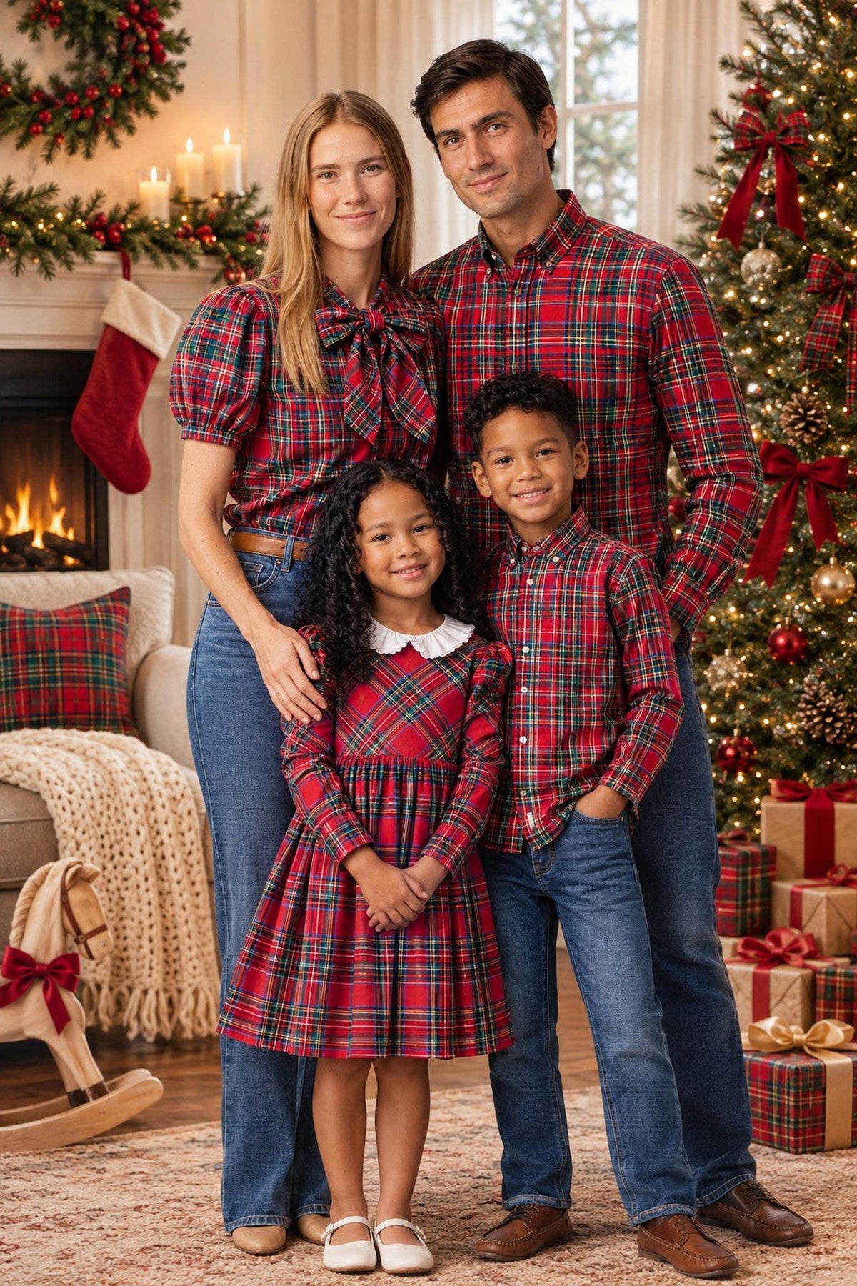 Organic Cotton Ruffle Collar Party Dress, Red Holiday Tartan, Toddler & Kids, Family Matching