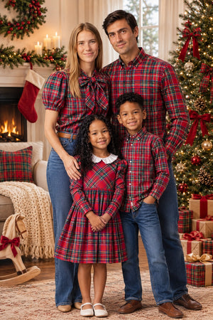 Organic Cotton Ruffle Collar Party Dress, Red Holiday Tartan, Toddler & Kids, Family Matching