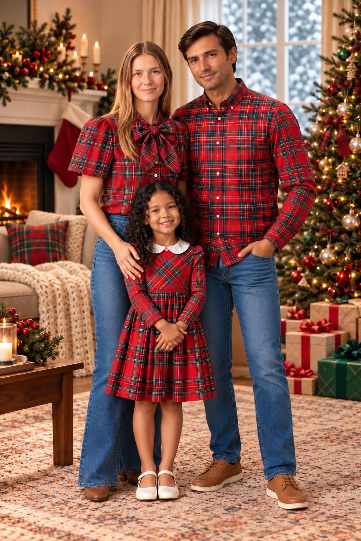 A family stands together in front of a decorated Christmas tree, wearing matching red holiday tartan outfits.