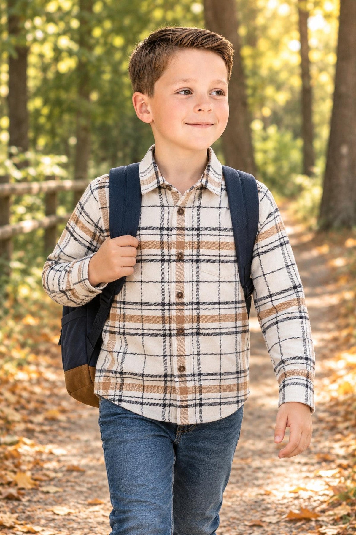 A boy walks along a leafy path wearing a soft white plaid flannel shirt and carrying a blue backpack.