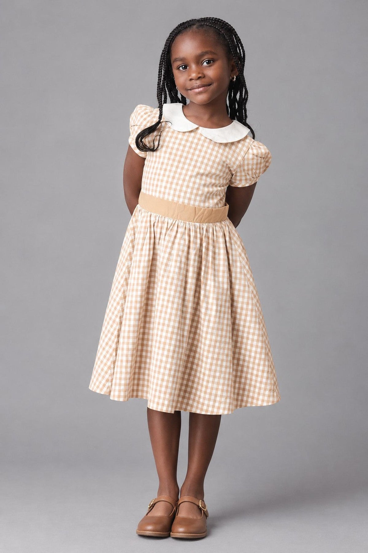 Organic Cotton Stretch Poplin Peter Pan Collar Dress, Tan Gingham, Toddler & Kids