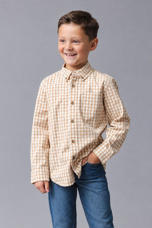 Organic Cotton Stretch Poplin Shirt, Tan Gingham, Sizes 2T-18