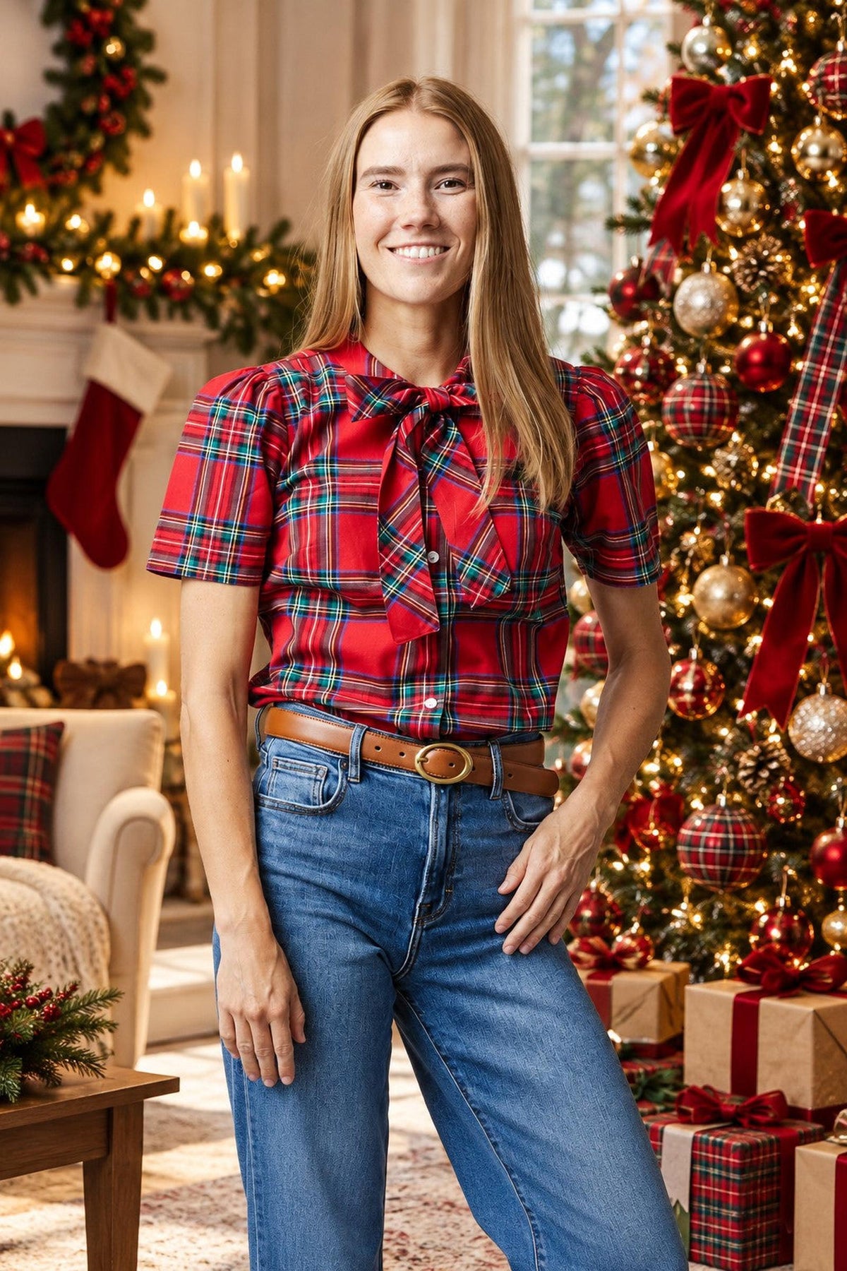 Organic Cotton Puff Sleeve Bow Neck Top, Red Holiday Tartan, Family Matching
