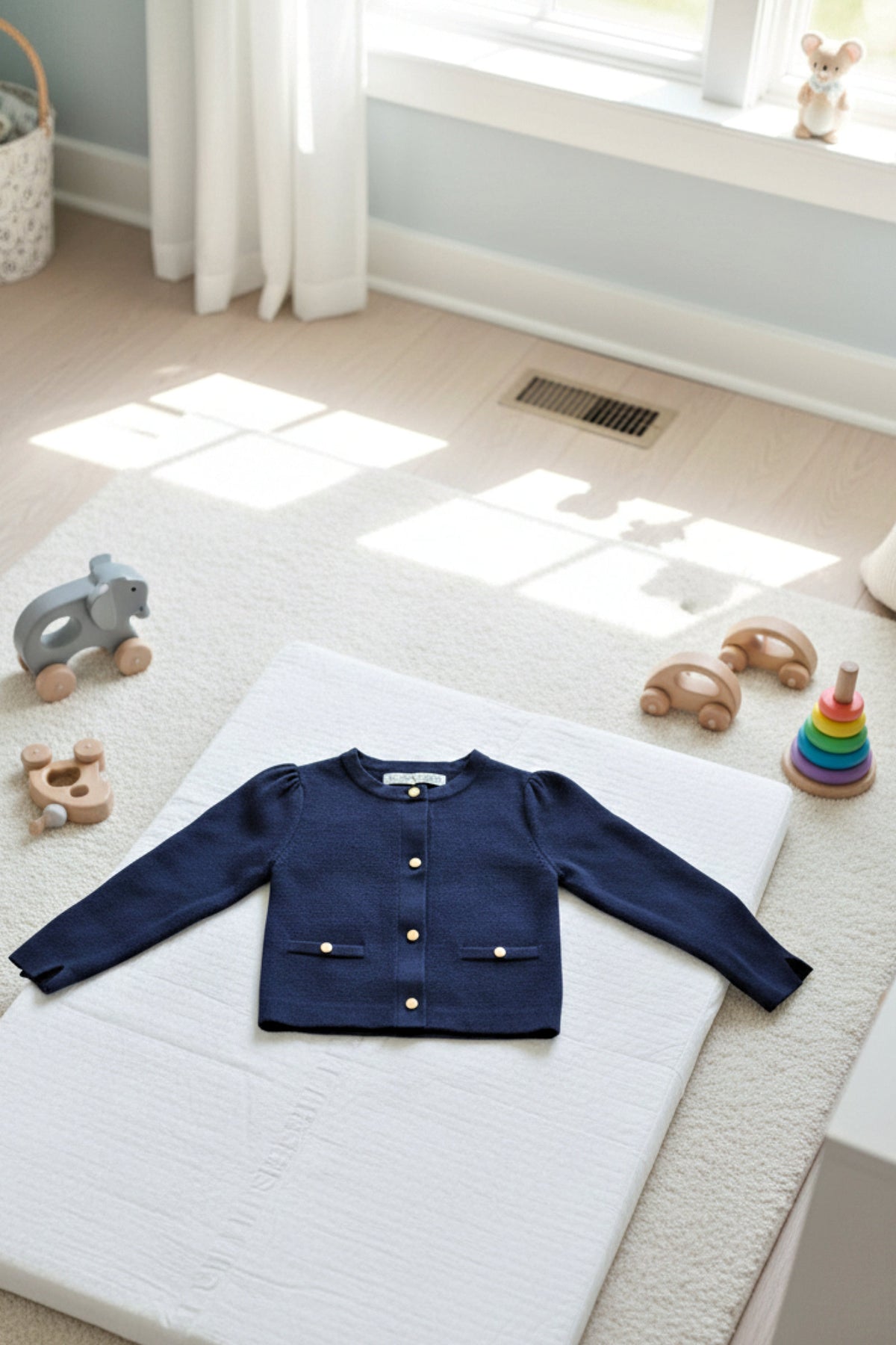 A navy blue baby cardigan is displayed on a soft white surface, surrounded by wooden toys and a colorful stacking.