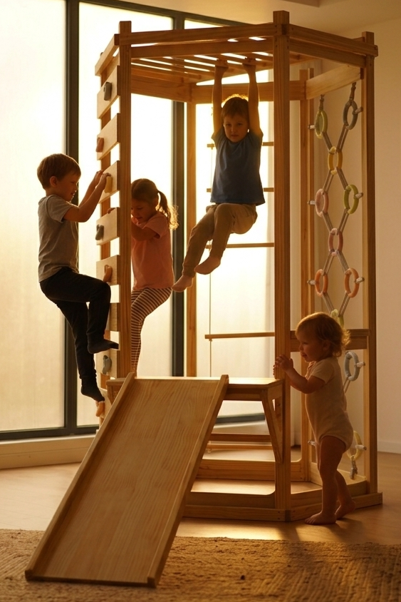 Four children play on a wooden Montessori climbing gym with a slide and rope net, illuminated by soft sunlight streaming through large windows, showcasing a warm and inviting indoor setting.
