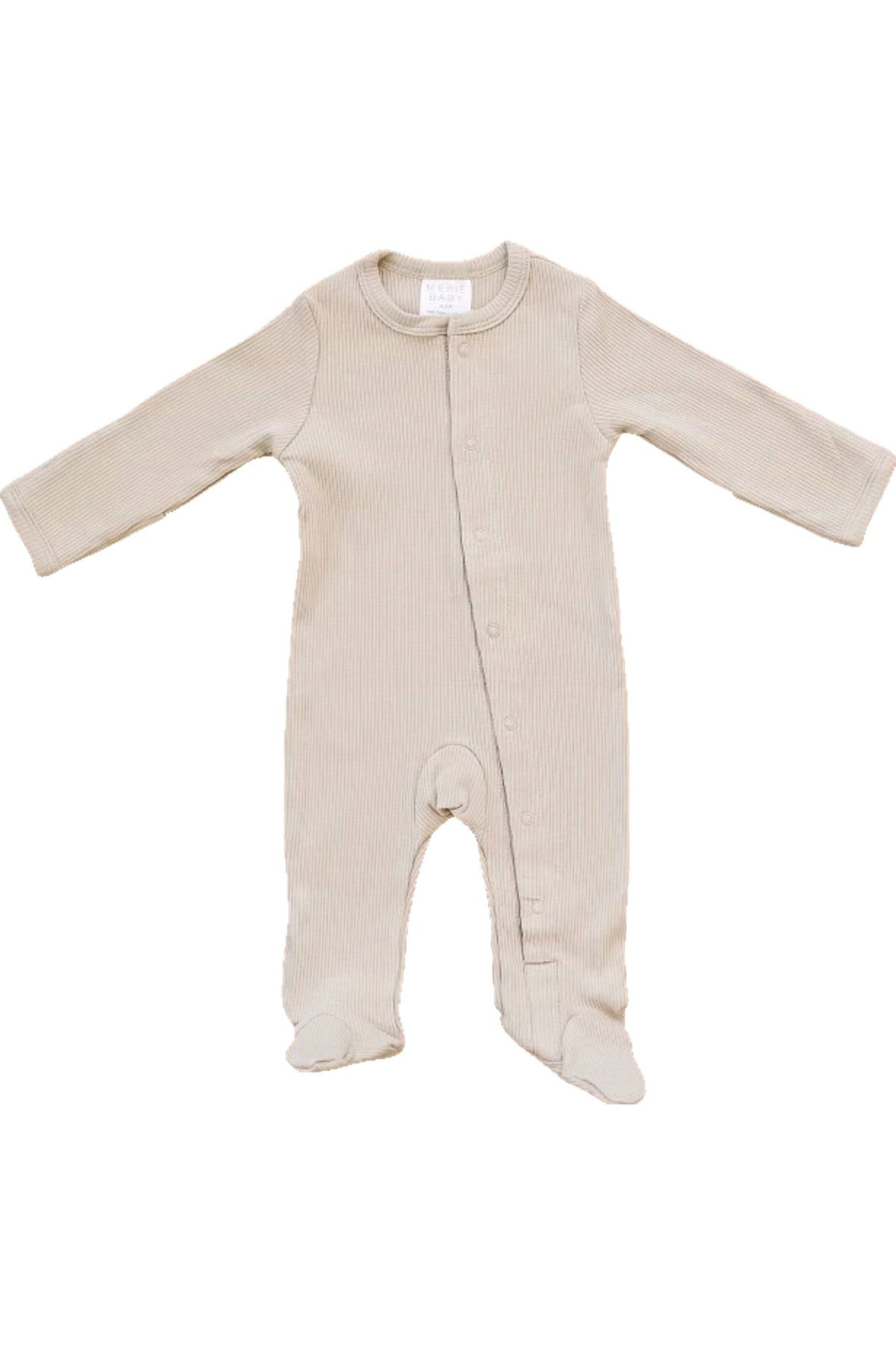 Oatmeal-colored ribbed baby pajamas with snap closure, made from organic cotton, featuring footed design for infants.