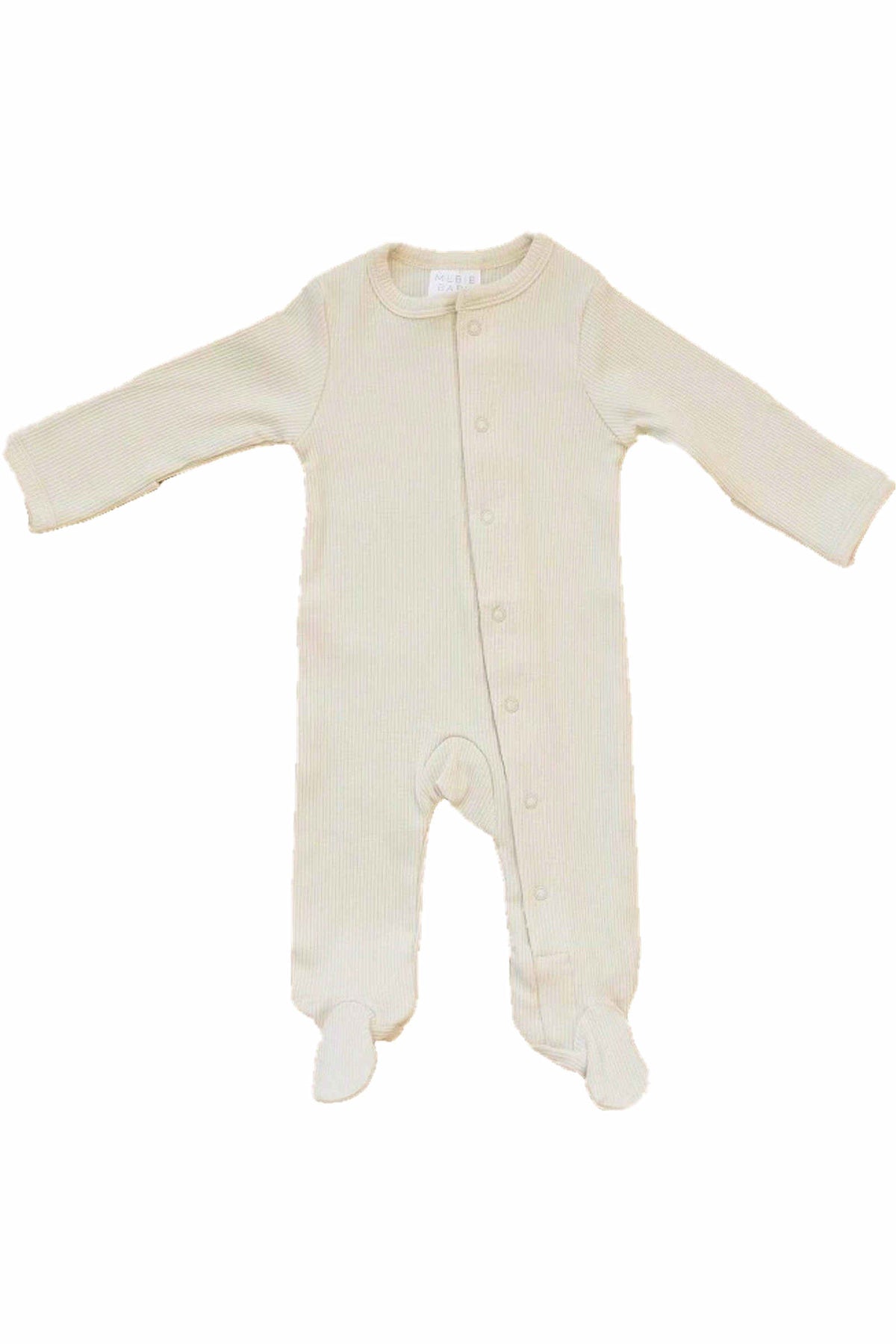Cream-colored ribbed baby pajamas with footed design and front snaps, made from organic cotton.