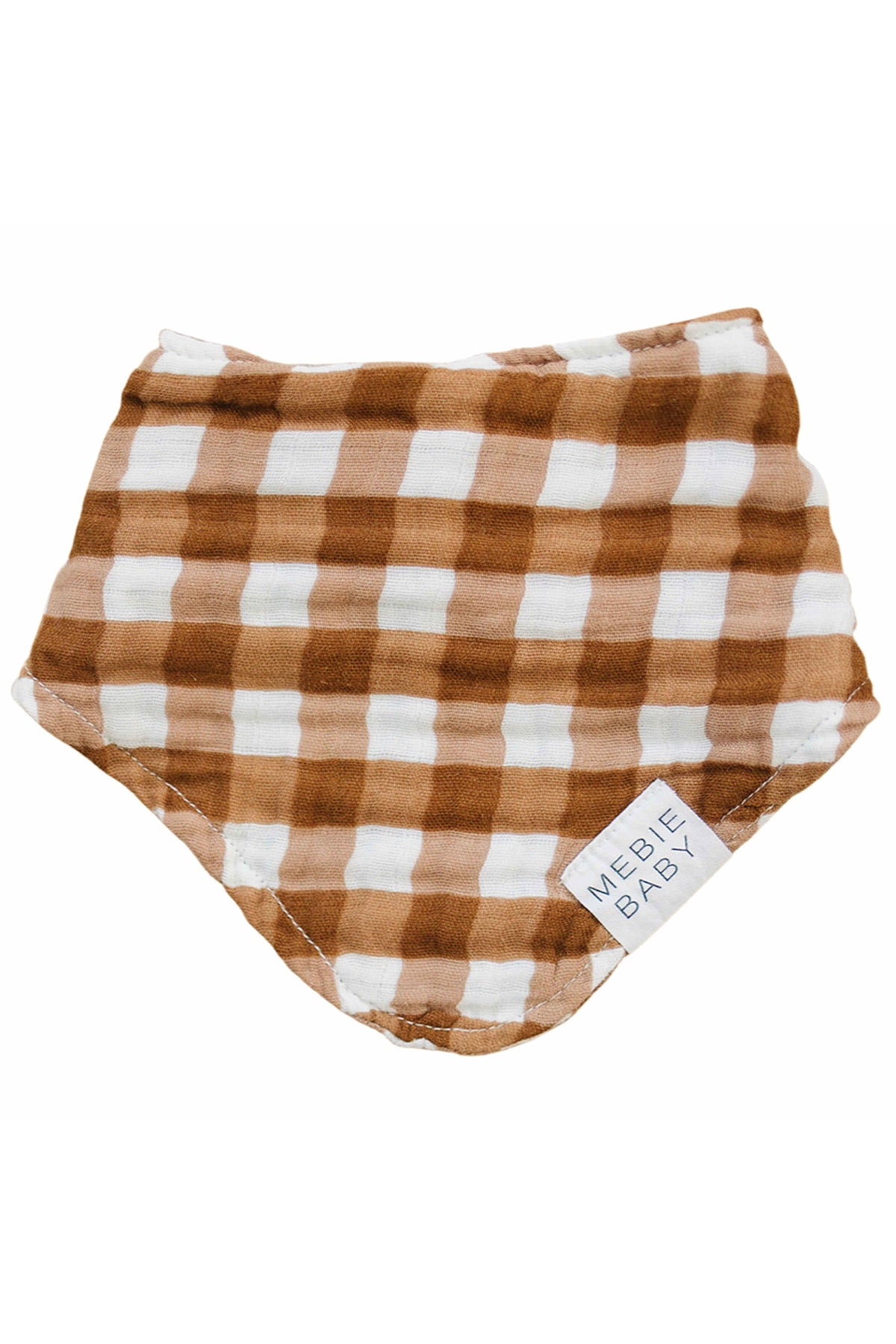 Brown and white gingham muslin bib with Mebie Baby label, showcasing a gender-neutral design.