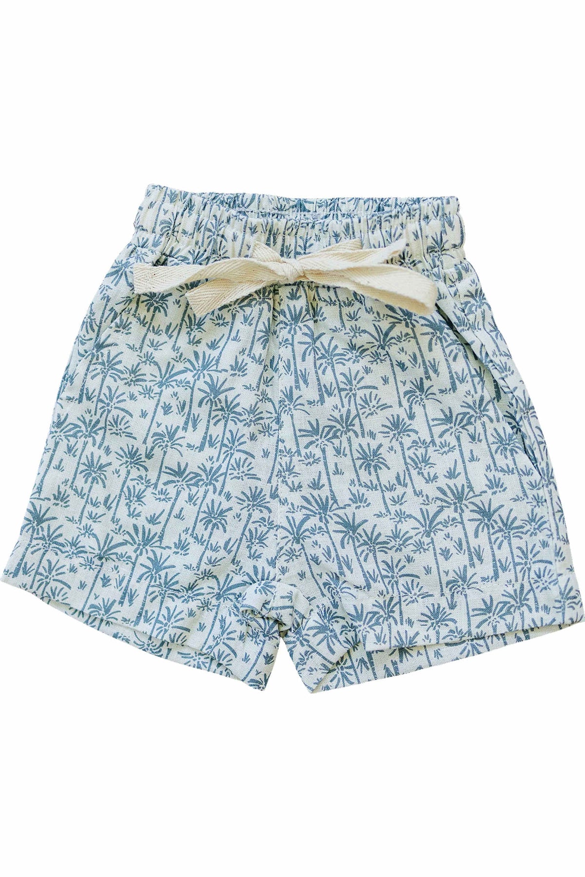Blue palm tree patterned shorts with a beige drawstring, made from a linen blend, suitable for kids.