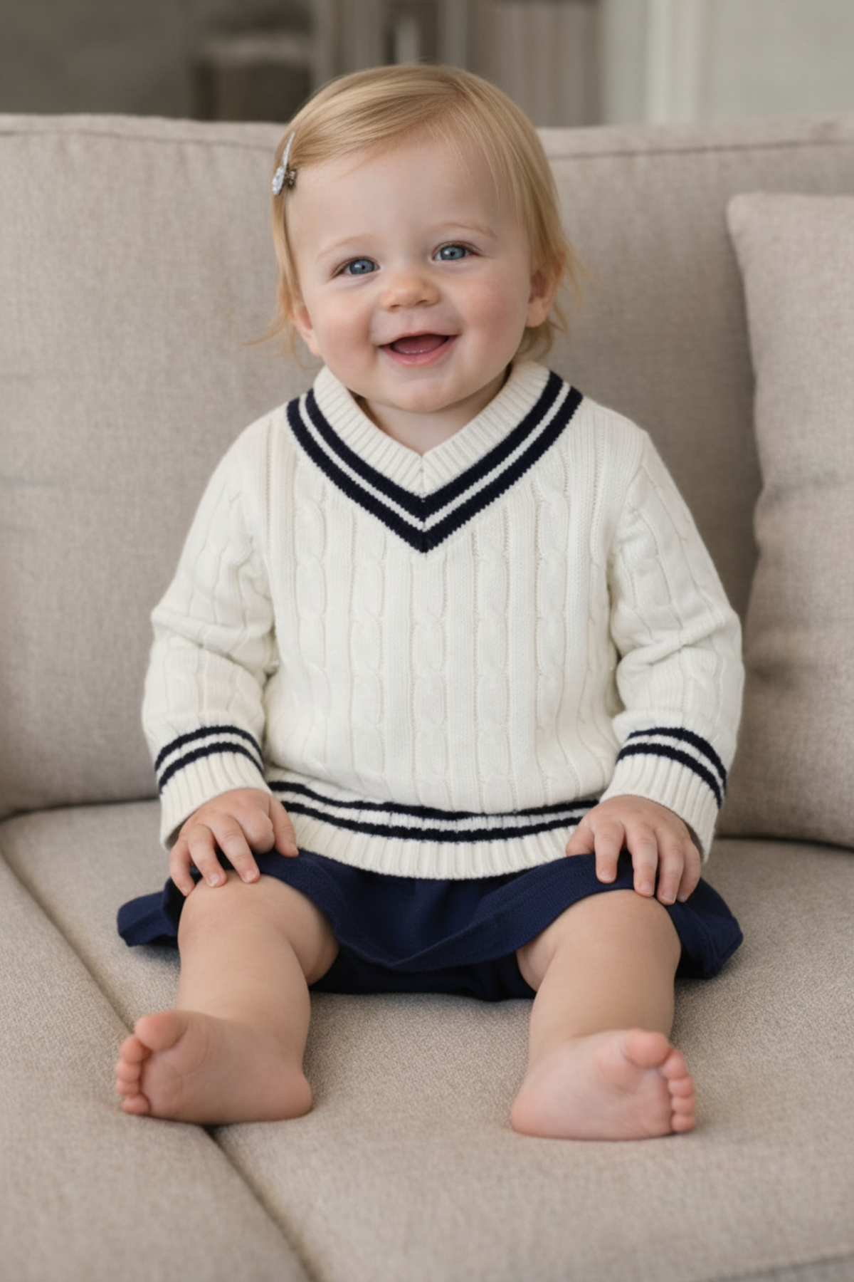 A smiling baby girl sits on a light beige sofa, wearing a white organic cotton cricket sweater with navy stripes and a ruffled navy skirt, showcasing a cozy, stylish look.