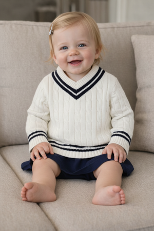 A smiling baby girl sits on a light beige sofa, wearing a white organic cotton cricket sweater with navy stripes and a ruffled navy skirt, showcasing a cozy, stylish look.