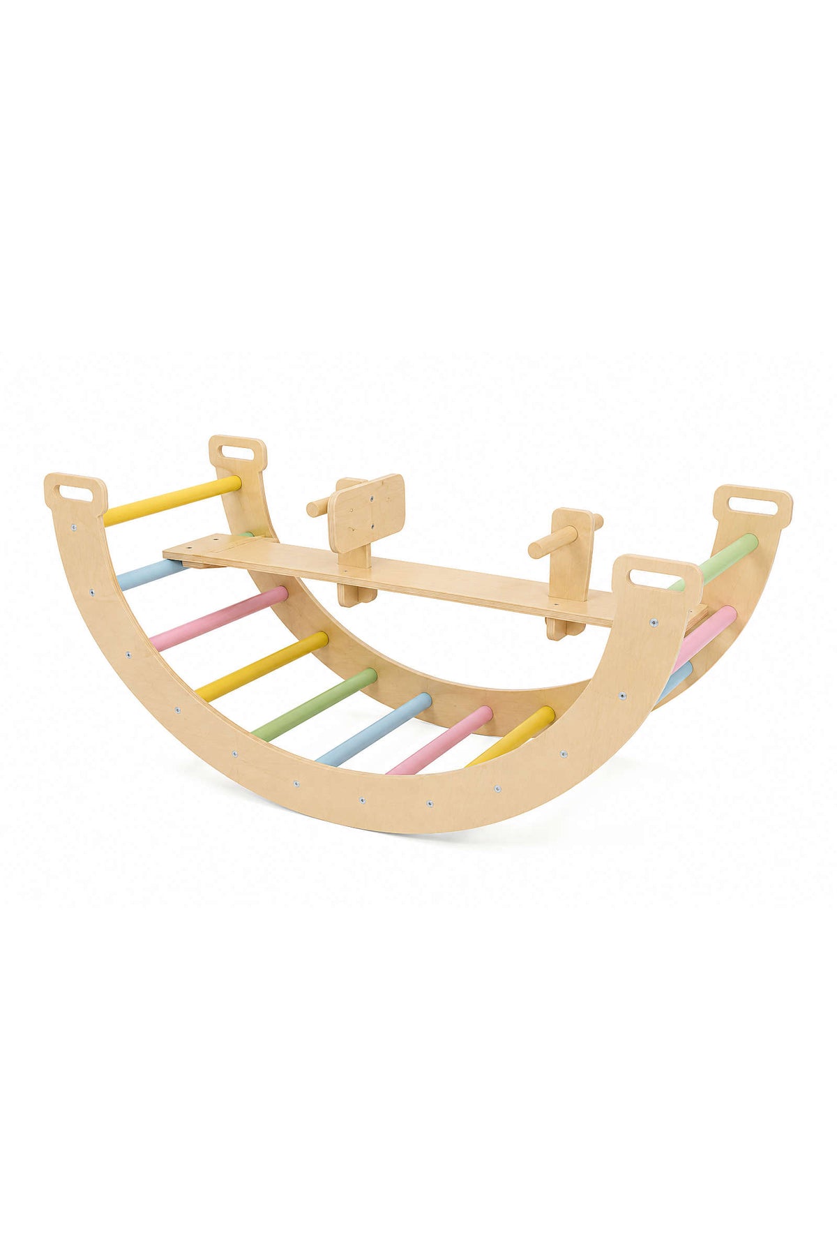A wooden climbing arch features a curved design with colorful, smooth slats in pastel shades. This versatile piece encourages active play and can transform into a rocker or seesaw.
