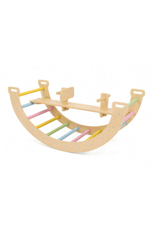 A wooden climbing arch features a curved design with colorful, smooth slats in pastel shades. This versatile piece encourages active play and can transform into a rocker or seesaw.