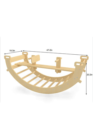 A wooden climbing arch in a natural finish, featuring curved design and slats for climbing. Its dimensions are 47.2 inches wide, 19.3 inches deep, and 20.2 inches high.