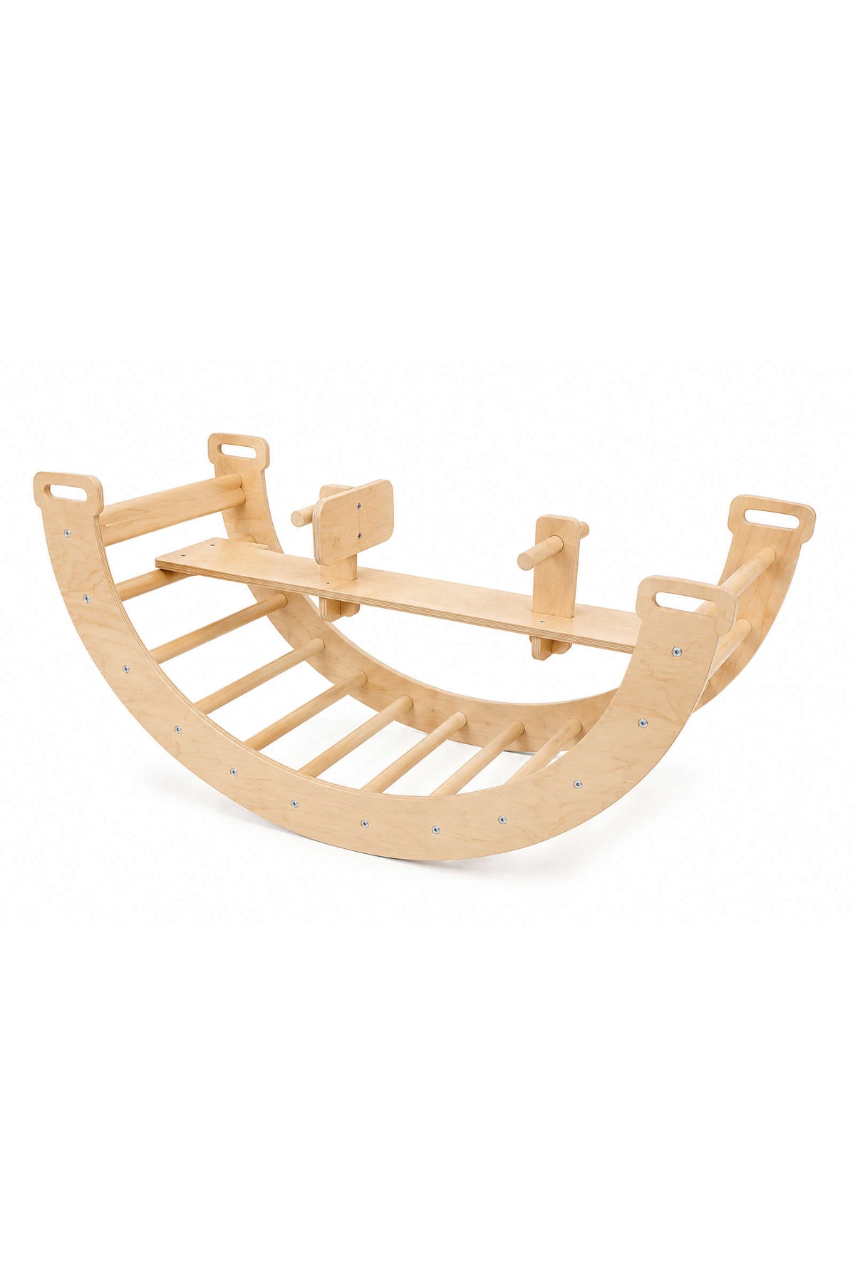 A natural wood climbing arch features a curved design with sturdy rungs and handles, ideal for active play. This eco-friendly piece promotes balance and coordination for young children.