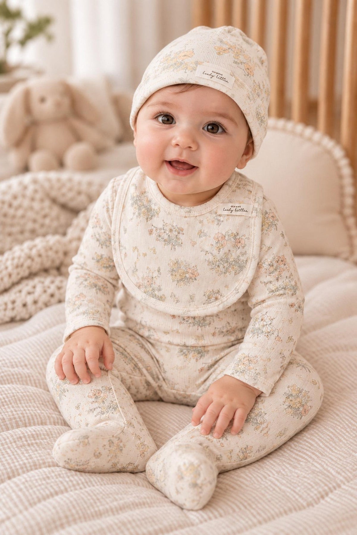 A smiling baby wears a floral-patterned cotton outfit and matching hat, sitting on a textured blanket. The cozy setting features soft, neutral tones, emphasizing the sustainable fabric and charming design.