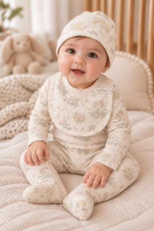 A smiling baby wears a floral-patterned cotton outfit and matching hat, sitting on a textured blanket. The cozy setting features soft, neutral tones, emphasizing the sustainable fabric and charming design.