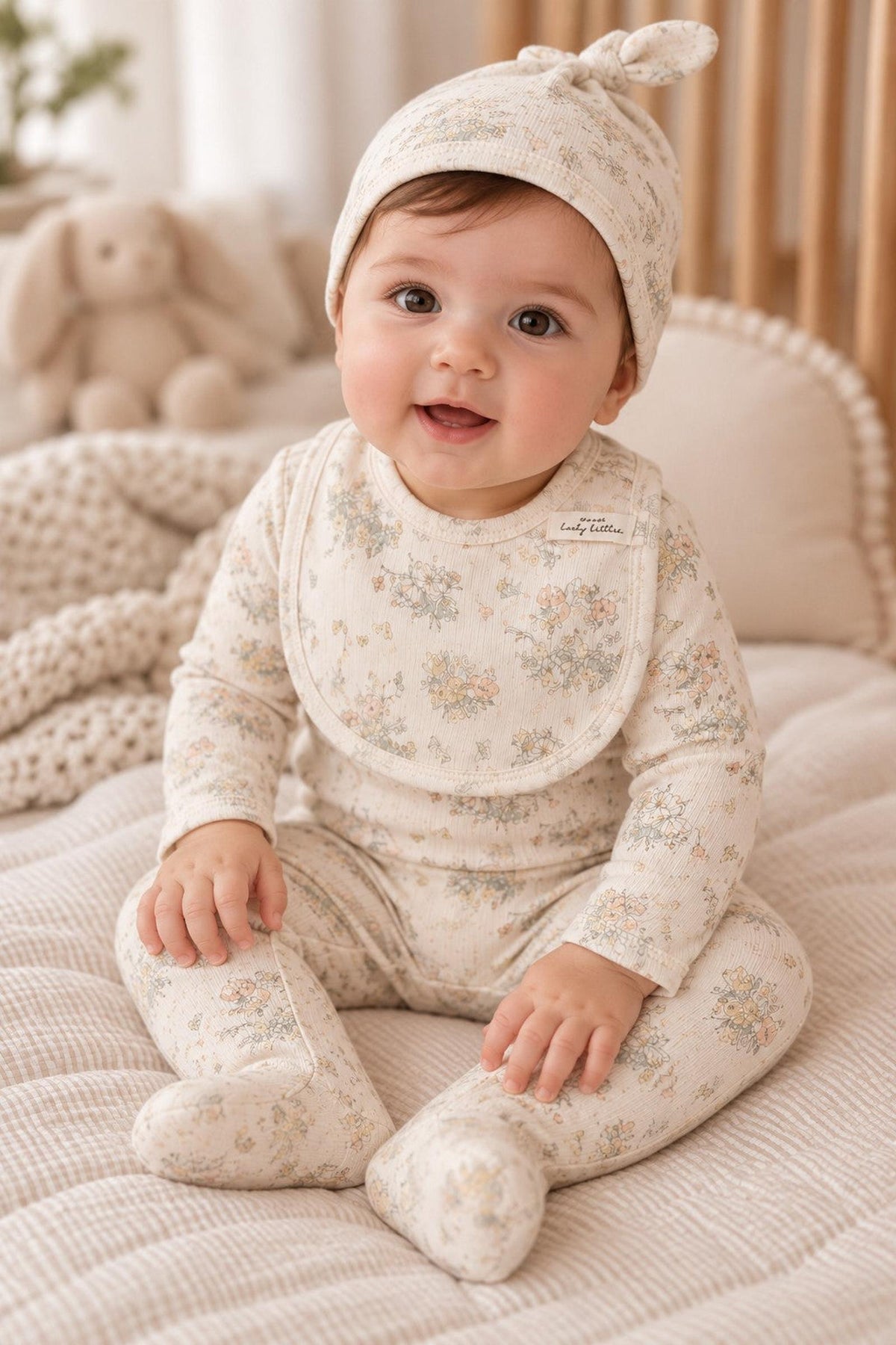 A smiling baby sits on a soft, textured blanket, wearing a floral-print cotton outfit and matching hat. The cozy setting features neutral tones, enhancing the comfortable and inviting atmosphere.